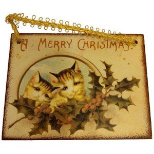 Cat Kitten Ornament Merry Christmas Cat Lover Gift Tag Sign Holly Pair Kittens